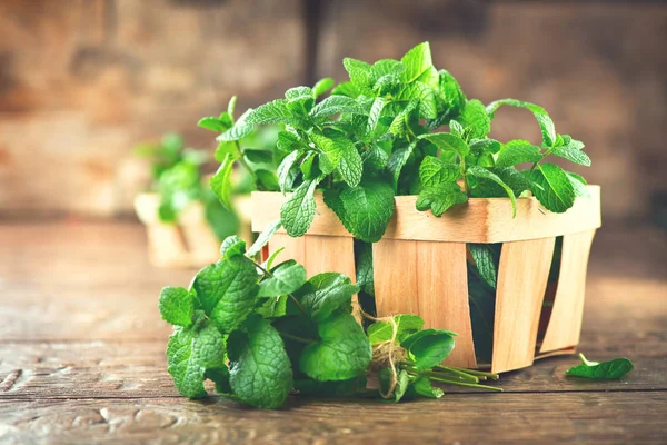 Mint Bunch Fresh Green Organic Mint Leaf Wooden Table Closeup — Stock Photo, Image