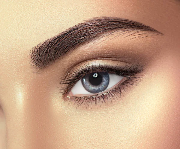 Jovem mulher azul olho closeup. Maquiagem profissional. Macro olho loo — Fotografia de Stock