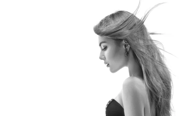 Fashion Model Girl Long Blowing Hair Black White Portrait Beauty — Stock Photo, Image