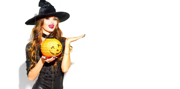 Halloween. Sexy witch with bright holiday makeup. Beautiful youn — Stock Photo, Image
