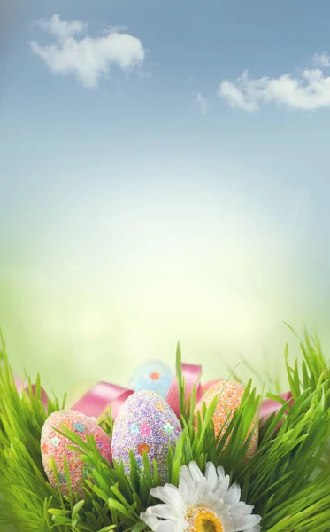 Easter holiday scene background. Traditional painted colorful eg