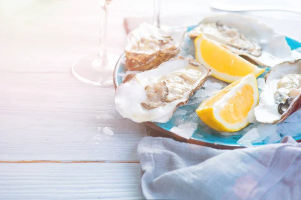 Ostras frescas de primer plano, servidas con ostras, limón y hielo. Salud. — Foto de Stock