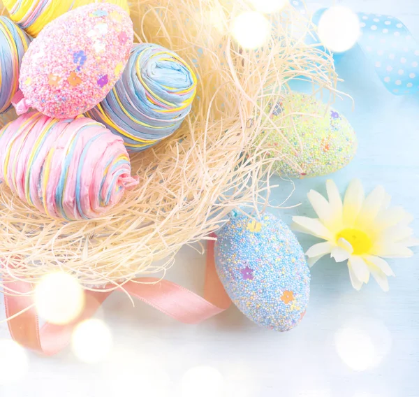 Easter Background Colorful Eggs Decorations Blue Wooden Background Border Design — Stock Photo, Image