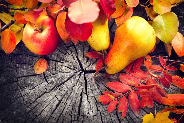 Осенние фрукты и разноцветные листья на старом потрескавшемся деревянном бэкгре — стоковое фото