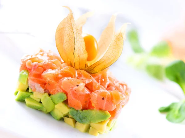 白色背景的鲑鱼酒石 健康晚餐 — 图库照片