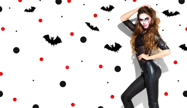 Halloween. Julfest sexig tjej makeup. Vacker ung kvinna — Stockfoto