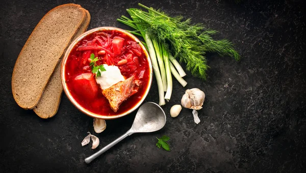 Traditional Ukrainian russian borscht. Plate of red beet root so Stock Photo