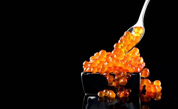 Caviar Spoon Salmon Caviar Bowl Black Background Closeup Trout Caviar Stock Image