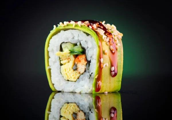 Sushi Roll Black Background Sushi Roll Eel Tofu Vegetables Avocado — Stock Photo, Image