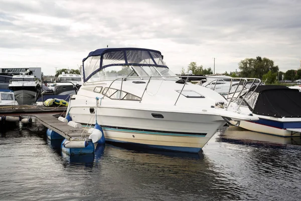 Boat Yacht Moored Pier Closeup Riga Latvia — Stock Photo, Image