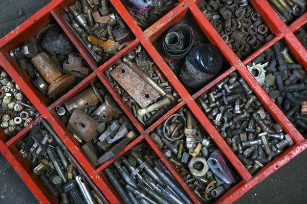 Toolbox Old Wooden Box Metal Bolt Nut Crew Nail — Stock Photo, Image
