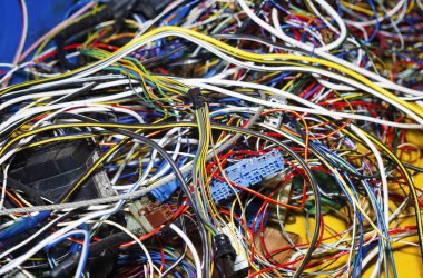  Elektrik telleri veya kablo demet birlikte karışık güçlü. Büyük bir yığın Kazıklı farklı renkteki teller kalıntıları. Kabloları bağlantısı için sıkıştırılmış halkalar vardır.