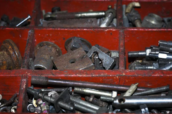 Toolbox Old Wooden Box Metal Bolt Nut Crew Nail — Stock Photo, Image