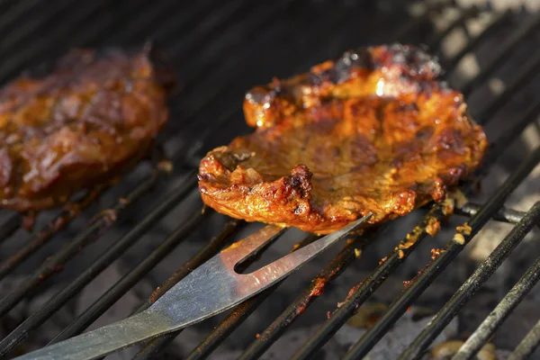 Beef Steak Grill Grilled Meat Nobody Macro Perspective — Stock Photo, Image