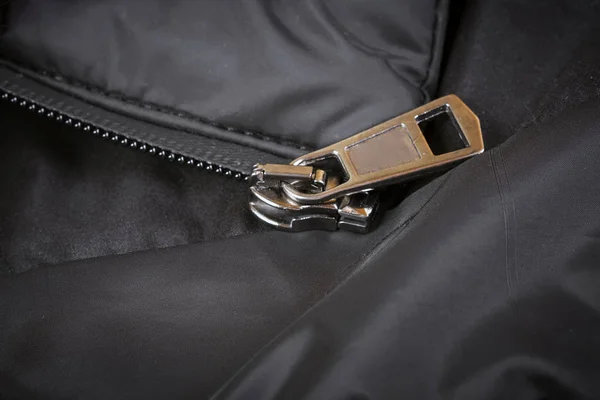 Silver Zipper Black Jacket Background Macro Shot — Stock Photo, Image