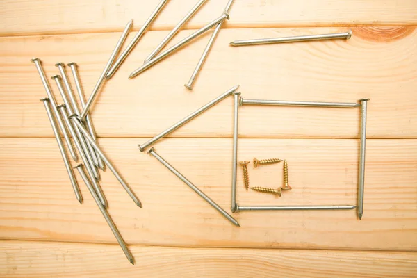 Reparatie Timmerman Tools Nagels Witte Oude Houten Achtergrond Bovenaanzicht Kopiëren — Stockfoto