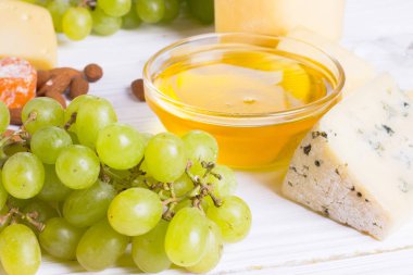 Cheese cuts with figs, nuts, honey, grapes on a wooden boards background. Top view