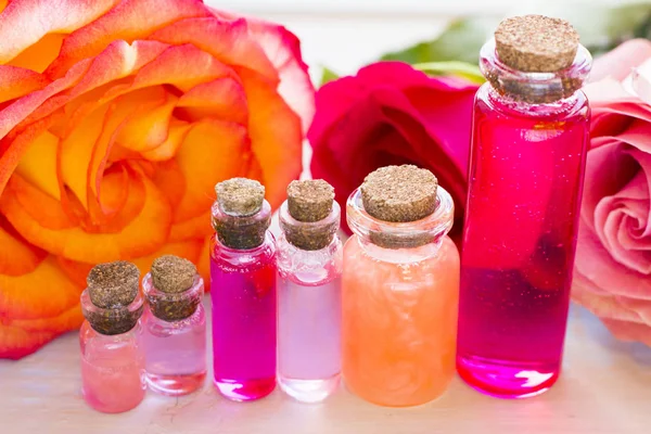 Spa Wellness Setting Rose Flower Sea Salt Oil Bottle Wooden — Stock Photo, Image