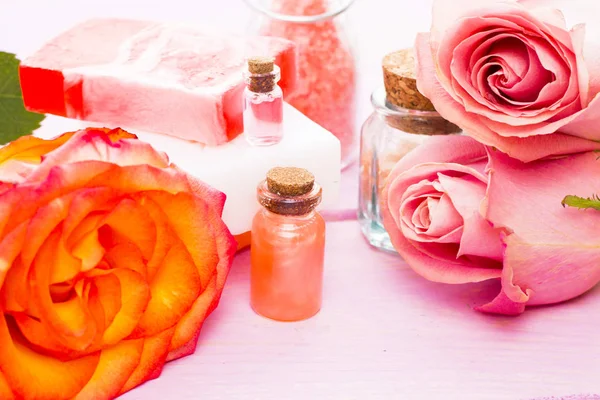 Spa Cadre Bien Être Avec Fleur Rose Sel Mer Huile — Photo