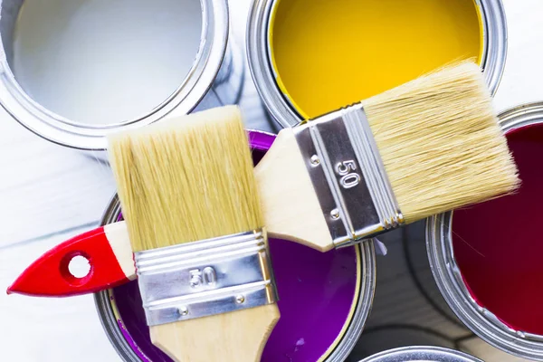 House Renovation Concept Colorfull Paint Cans Paintbrushes Wooden Background Top Royalty Free Stock Photos