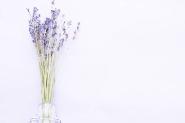 Lavanta çiçekleri ile spa ve sağlıklı yaşam ayarı, deniz tuzu, şişede yağ, ahşap beyaz arka plan üzerinde aroma mum