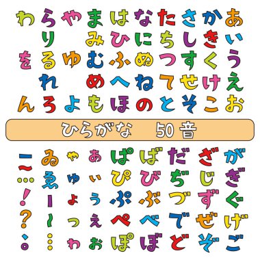 Japanese hiragana fonts, Japanese syllabary, color,  vector set clipart