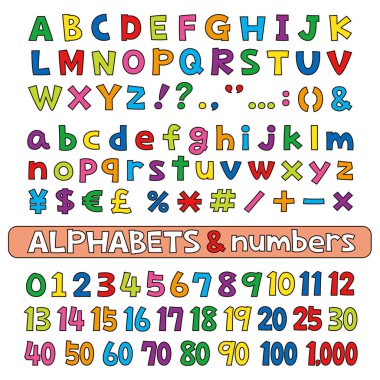 Alphabets and numbers, color, fonts vector set clipart