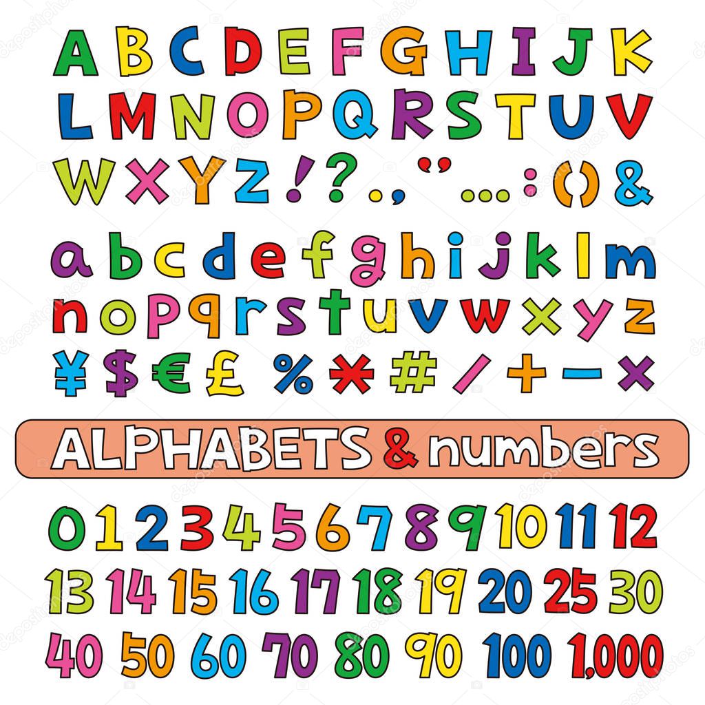 Alphabets and numbers, color, fonts vector set