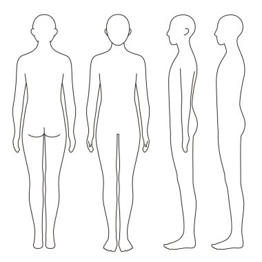 İnsan vücudu modeli, dış hat, ön, arka ve yan, vektör dosyası seti, tek renkli illüstrasyon