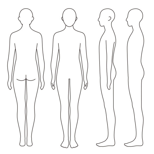 human body model, outline, front, back and side, vector file set,  monochrome illustration