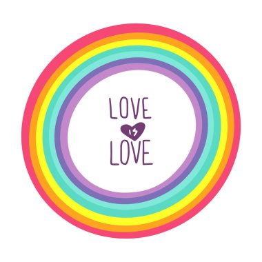 Aşk aşktır. Eşcinsel ayrımcılığa karşı LGBT gurur sloganı. Beyaz arka planda izole edilmiş modern gökkuşağı kaligrafisi. Düz çizgi film vektör çizimi, el çizimi biçimi.