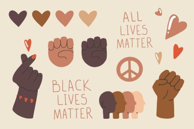 Black Lives Matter. Human hand. Fist raised up. Protest Banner, set about Human Right. Flat cartoon vector illustration, hand drawn style. clipart