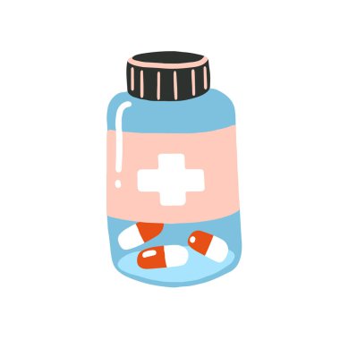 Şişeli düz çizgi film çizimi, haplar, vitaminler, el çizimi tarzı, beyaza izole edilmiş. Pozitif, sevgi, güzellik ve sağlık kavramı.