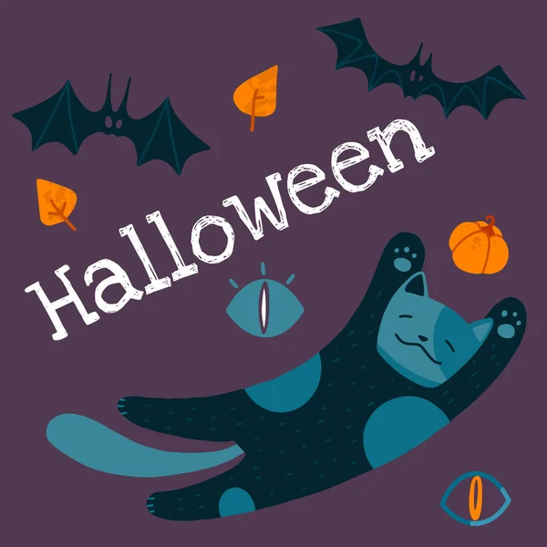 Helloween Vetor Estoque Ilustração Com Gato Bonito Chapéu Bruxa Morcegos — Vetor de Stock