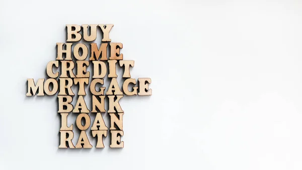 Hypotéky Úvěr Banka Další Slova Dřevěných Písmen Podobě Domu Bílém — Stock fotografie