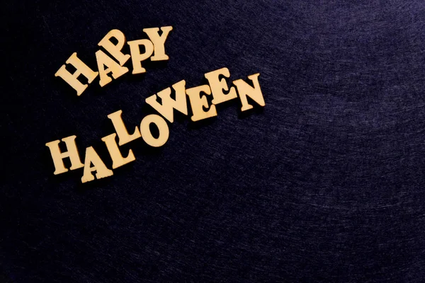 Palabras Letras Madera Elegante Inscripción Happy Halloween Sobre Fondo Azul — Foto de Stock