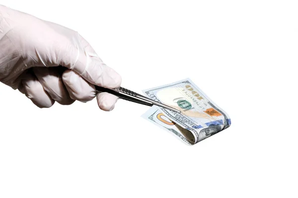 Hand White Glove Holding Tweezers Real One Hundred Dollar Bill — Stock Photo, Image