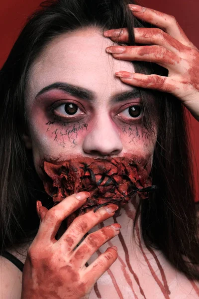 Scary Makeup Halloween Blood Hands Vertical Portrait Girl Mouth Sewn — Stock Photo, Image