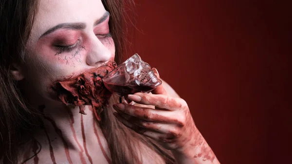 Horror Story Design Concept Girl Horrible Halloween Style Make Drinks — Stock Photo, Image