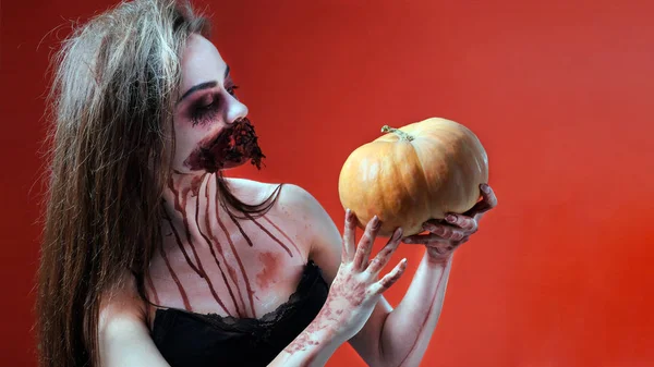 Makeup Concept Horror Story Girl Style Halloween Holding Orange Pumpkin — Stock Photo, Image