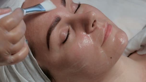닫힌된 여자의 얼굴을 클로즈업 Cosmetological 절차에 브러시로 미용사의 여자의이 크림을 — 비디오