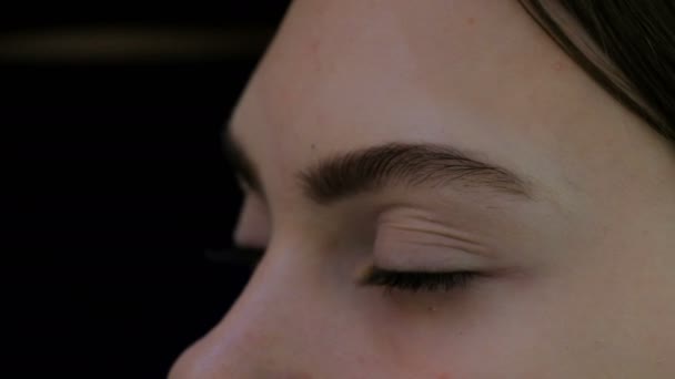 Primer Plano Los Ojos Una Chica Artista Maquillaje Profesional Trabaja — Vídeo de stock