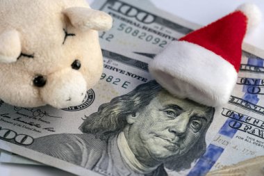 Yeni yıl olmadan finansal borçları buluşmak. Santa Claus şapka Franklin'in başına 100 dolar, pembe yumuşak oyuncak domuz ve bir Noel ağacı Hediyelik eşya üzerinde yatıyor. Ne kadar para insanların Yılbaşı tatil günlerinde harcama yapmak 