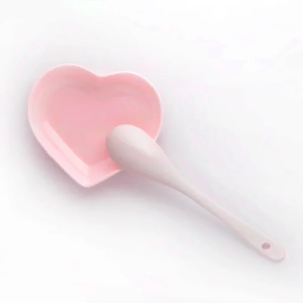 Pearlescent Pink Ceramic Saucer Form Heart Spoon Plate White Background — Stock Photo, Image