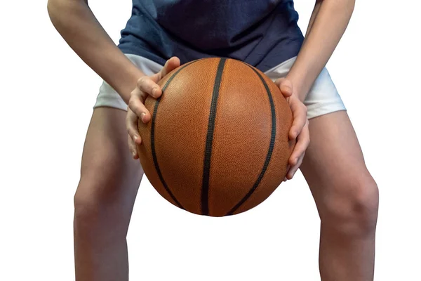 Close Basketbal Bal Twee Handen Van Een Tiener Isoleren Witte — Stockfoto