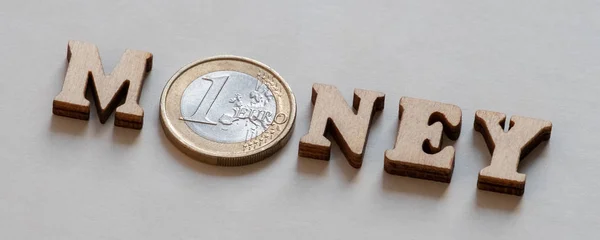 単語木製文字と灰色の背景に 1 ユーロのお金。金融投資または取引通貨の概念。インターネットや web バナー広告のデザインの象徴的な碑文 — ストック写真