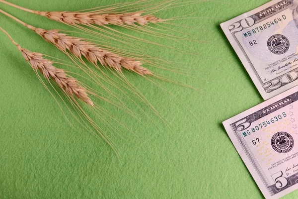 Trois épillets de blé. 25 dollars américains. Fond vert. Vente et achat de céréales. Le concept d'investissement dans la récolte future. Espace de copie . — Photo