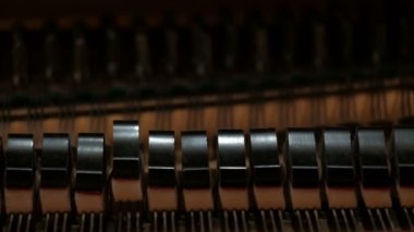 Piyano. Çekiçler ipleri yener. Close. Klavyeli müzik aletinden sesler çıkarma.