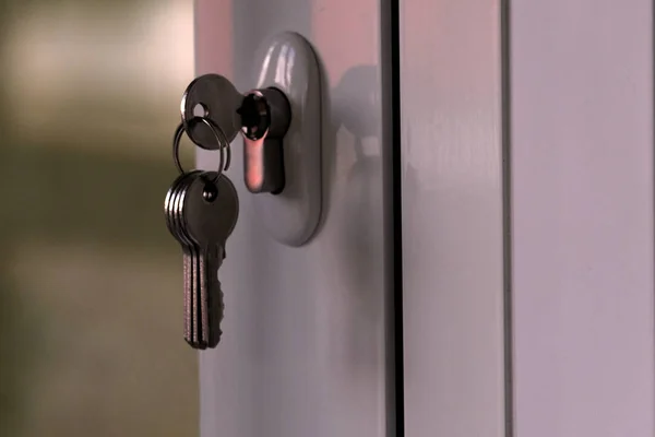 A bunch of keys in the keyhole of a white plastic door in the evening light. The concept of distraction and forgetfulness of the landlord or the acquisition of new housing. — Stock Photo, Image