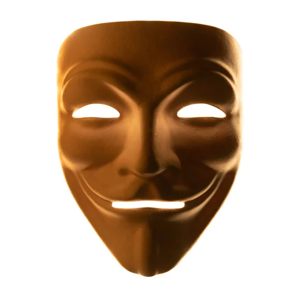 Zlatá maska izolovaná na bílém. Anonymní hacker nebo Halloweenský symbol večírku. Koncepce je prázdná pro odměny a ocenění. Čtvercový rámeček. — Stock fotografie